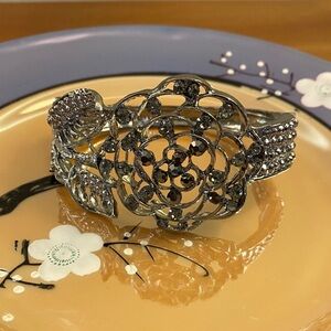 Elegant Silver/Black Crystal Filigree Statement Bracelet